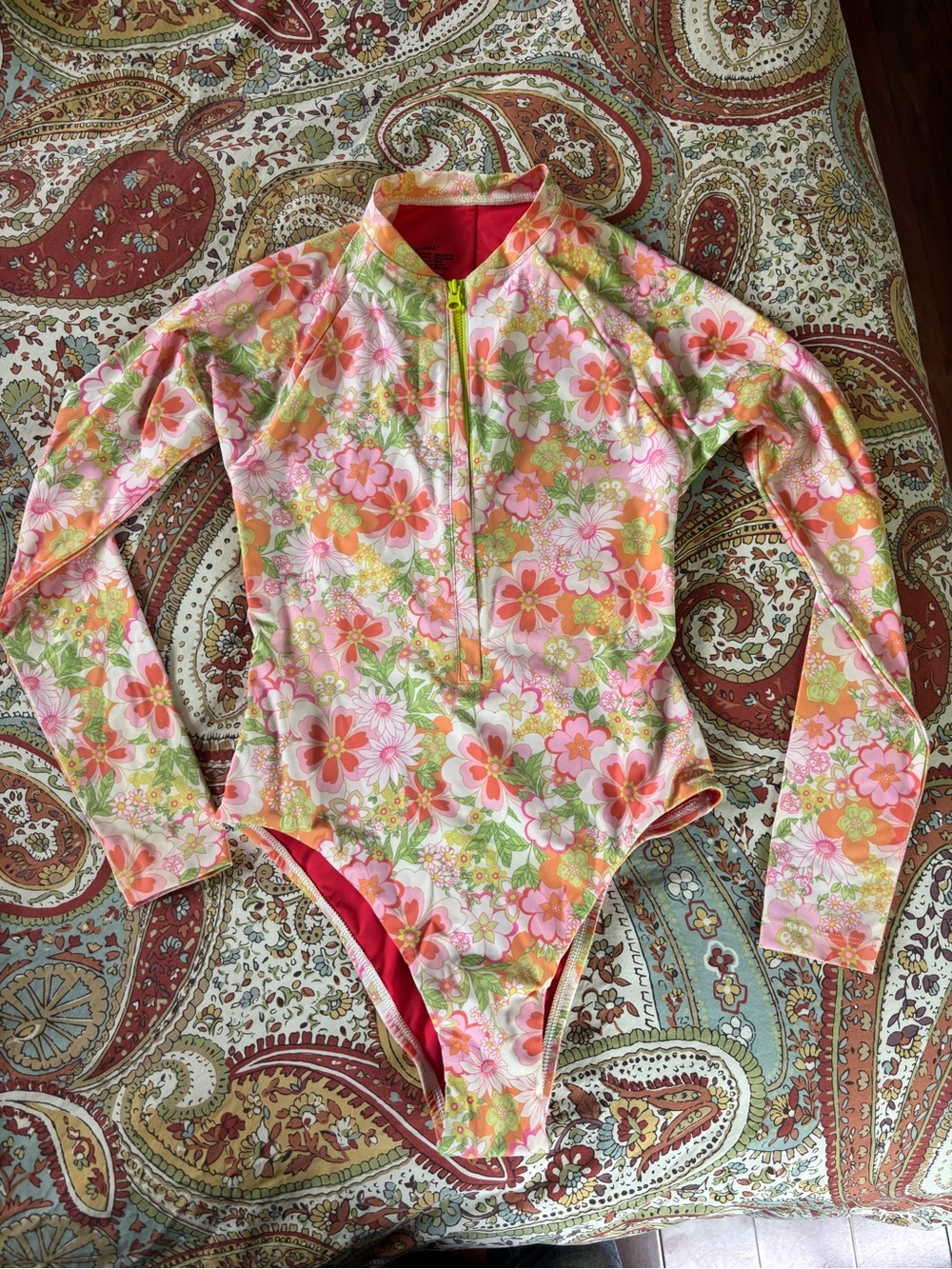 Jolyn women’s Floral Long-Sleeve Rashguard swimsuit - Pink, Green & Orange